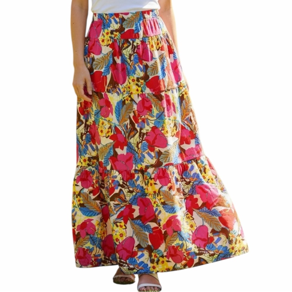 J. McLaughlin Ophelia Floral Tiered Cotton Maxi Skirt - Size Large